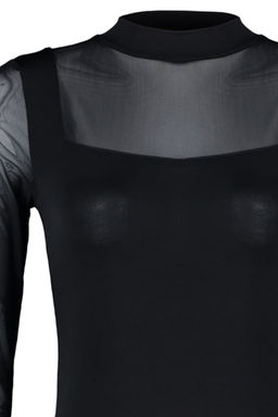 Siyah Slim Tul Detayl? Uzun Kollu Dik Yaka Alttan C?tc?tl?Esnek Orme Body TWOAW24BD00049