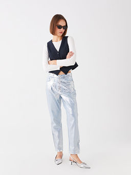 Y?ksek Bel Mom Fit Kad?n Metalik Jean Pantolon