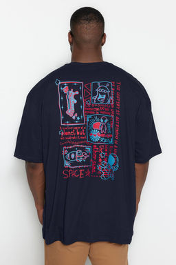 TRENDYOL MAN Buyuk Beden Lacivert Oversize/Genis Kesim %100 Pamuklu T-Shirt TMNSS25BF00009