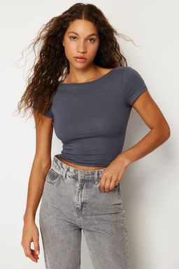 Trendyolmilla Siyah S?rt Dekolteli Crop Pamuklu Esnek Orme Bluz TWOSS23BZ00912 фото 2