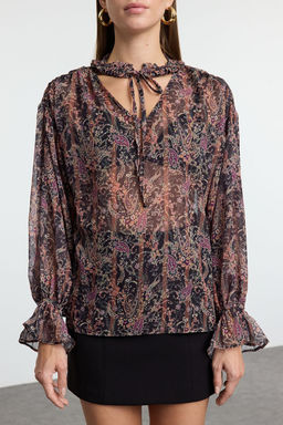 Cok Renkli Sifon Cicekli Boho Transparan Dokuma Bluz TWOAW25BZ00290