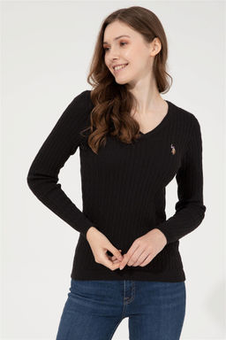 Женский черный базовый свитер с v-образным вырезом Неожиданная скидка в корзине