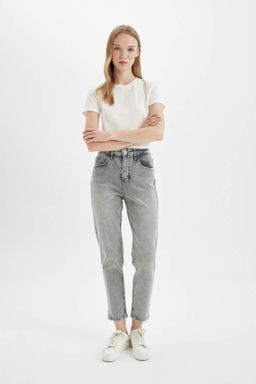 Комфортные джинсовые брюки свободного кроя длиной до щиколотки с высокой талией для мамы и потертостями - Defacto фото 3