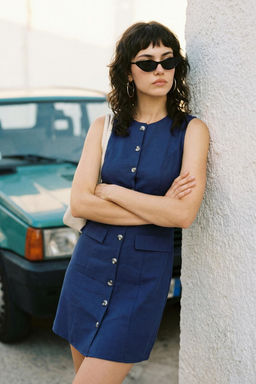 Lacivert Keten Kar?s?ml? Cep Detayl? Mini Dokuma Gomlek Elbise TWOSS25EL00708