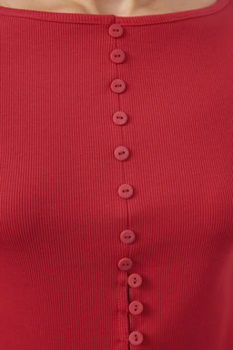 K?rm?z? Dugme Detayl? Bisiklet Yaka Fitilli Esnek Regular Boy Orme Bluz TWOAW25BZ00030