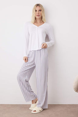 Beyaz-Lila Cizgili Dugmeli Ust Orme Alt Viskon Dokuma Pijama Tak?m? THMAW26PT00016