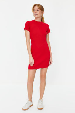 K?rm?z? Vucuda Oturan K?sa Kollu Bisiklet Yaka Mini Fitilli Esnek Orme Kalem Elbise TWOSS22EL2822 - Trendyolmilla фото 3