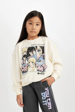 Толстовка оверсайз с широким кроем и круглым вырезом для девочек цвета экрю с принтом - Defacto фото 4