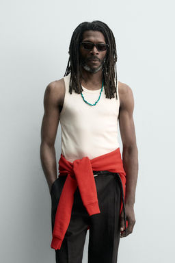 CAMISETA TANK JACQUARD RAYAS X AARON LEVINE / Crudo