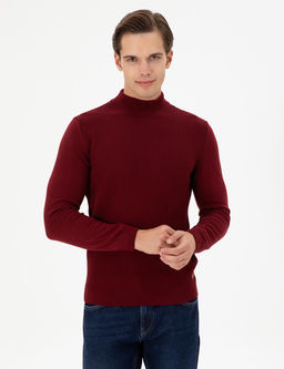 Erkek Slim Fit Yar_m Bal_k__ Yaka Bordo Kazak