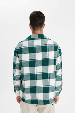 Фланелевая рубашка стандартного кроя с воротником поло и длинными рукавами в клетку - Defacto фото 6