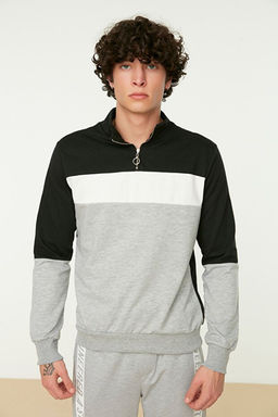 Siyah Slim/Dar Kesim Renk Panelli Uzun Kollu Hakim Yaka Fermuarl_ _ardonsuz Sweatshirt TMNAW20SW0129