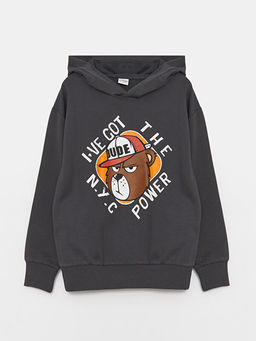Bask?l? Uzun Kollu Erkek ?ocuk Hoodie