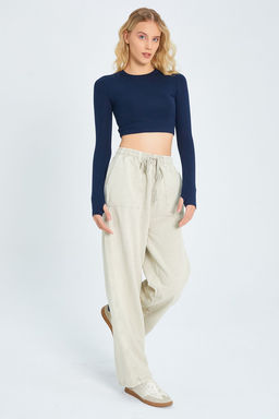 Bej Cep Detayl? Kot Gorunumlu Wide Leg/Genis Paca Dokuma Pantolon TWOSS25PL00076