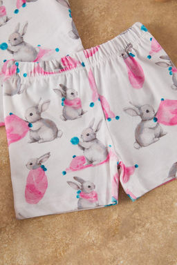 Ekru K?z Bebek %100 Pamuk Tavsan Bask?l? K?sa Kol Pijama Tak?m? TKDSS25PT00037