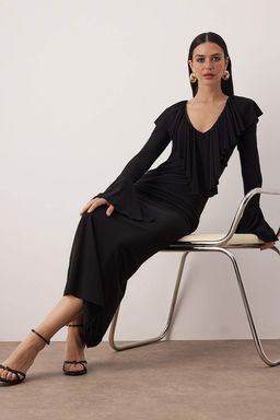 Siyah F?rf?rl? Orme Sandy Midi Astarl? S?k/Gece Elbise TPRSS26EL00001