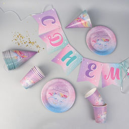 Набор бумажной посуды Волшебного дня рождения. Единорог, 6 тарелок, 6 стаканов, 6 колпаков, 1 гирлянда - Страна карнавалия фото 2