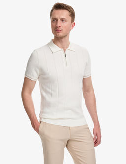 Ekru Slim Fit %100 Pamuk Fermuarl_ Polo Yaka Triko Ti__rt