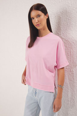 TRENDYOLMILLA Indigo %100 Pamuk Kesik ve Y?rtmac Detayl? Oversize/Rahat Kesim Orme T-Shirt TWOSS24TS00027 фото 2