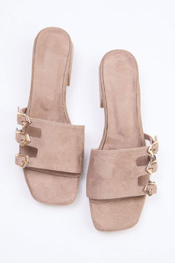 Vizon Nubuk Gold Tokal? Kad?n 3 cm Blok Topuklu Terlik TAKSS25TO00036