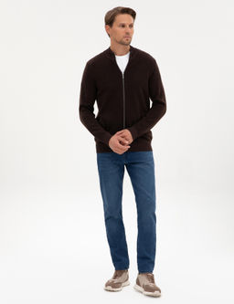 Koyu Kahverengi Slim Fit Y_n Kar___ml_ Triko H_rka