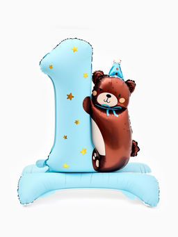 Цена за 2 шт. Воздушный шар фольгированный 32" "Цифра 1 с мишкой"  цвет голубой, под воздух