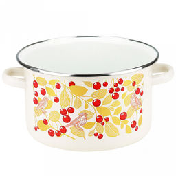 "Птички и вишня" Кастрюля эмалированная 3л, цилиндрическая форма, металлическая крышка, ободок из нержавеющей стали, бисквит (Россия)