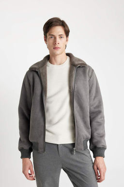 Замшевое пальто приталенного кроя с воротником-поло на подкладке - Defacto фото 3