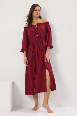 Bordo Dokuma F?rf?rl? Plaj Midi Elbise TBESS25EL00122