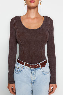 Kahverengi Eskitme/Soluk Efektli Pamuklu Uzun Kol Esnek C?tc?tl? Orme Body TWOAW24BD00044