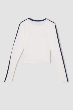 Женская белая классная футболка в рубчик с длинным рукавом с принтом - Defacto фото 9