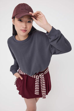 Antrasit Relaxed/Rahat Kal?p Beli Lastikli Crop Orme Sweatshirt TWOAW26SW00000