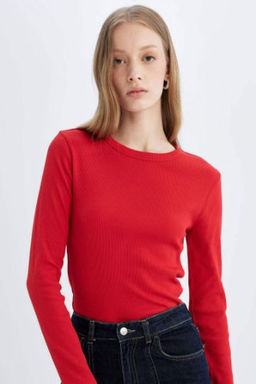 Slim Fit Dar Kesim Bisiklet Yaka Fitilli Kaskorse Basic Duz Uzun Kollu Tisort