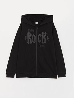Kap??onlu Bask?l? Uzun Kollu Erkek ?ocuk Fermuarl? Sweatshirt