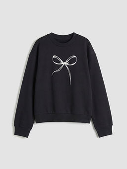 Bisiklet Yaka Fiyonk Bask?l? K?z ?ocuk Sweatshirt