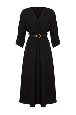 Siyah Kemerli A-line Kruvaze Yakal? Aerobin Midi Dokuma Elbise TWOSS24EL00992