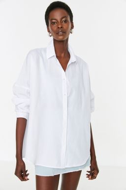 Ekru Pamuklu Oversize Genis Kal?p Dokuma Gomlek TWOSS22GO0669