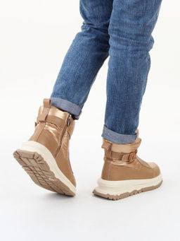 04-WG037-1M DK. BEIGE/GOLD Ботинки зимние женские (натуральная кожа, курточная ткань, 100% шерсть)