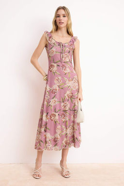 Cok Renkli Cicekli A-Kesim/Can Form Havuz Yaka Volanl?/F?rf?rl? Midi Tul Orme Elbise TWOSS26EL00018