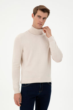 Erkek Slim Fit Bo_azl_ Yaka Krem Melanj Basic Kazak