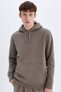 Regular Fit Kapusonlu Kanguru Cepli Ici Yumusak Tuylu Basic Duz Sweatshirt - Defacto фото 5