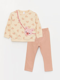 Bisiklet Yaka Uzun Kollu Bask?l? K?z Bebek Sweatshirt ve Tayt 2li Tak?m