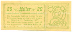 Банкнота 20 геллеров 1920 года Австрия Раффингс (нотгельд)