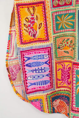 Tropikal Desenli Dokuma Y?rtmacl? %100 Pamuk Plaj Midi Elbise TBESS25EL00050