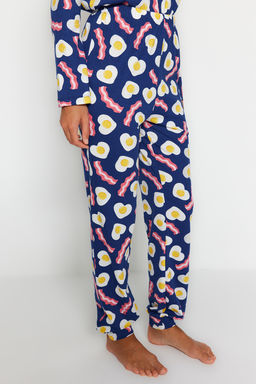 Lacivert %100 Pamuklu Kahvalt? Desenli Tshirt-Pantolon Orme Pijama Tak?m? THMAW24PT00102
