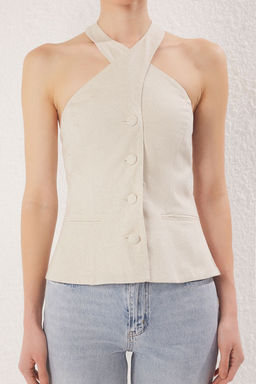Trendyolmilla Bej Keten Gorunumlu Capraz Halter Yaka Yelek Dokuma Bluz TWOSS25BZ00255