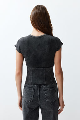 Antrasit Duz Y?kamal? Slim Bisiklet Yaka Crop Orme Bluz TWOSS24BZ00405