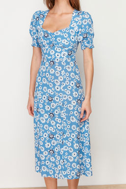 Mavi Cicekli A Kesim Viskon Midi Dokuma Elbise TWOSS24EL00491 - Trendyolmilla фото 4