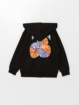 Kap??onlu Bask?l? Uzun Kollu Erkek ?ocuk Fermuarl? Sweatshirt