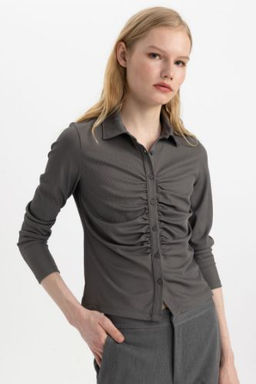 Slim Fit Dar Kesim Polo Yaka Basic Duz Fitilli Kaskorse Uzun Kollu Tisort